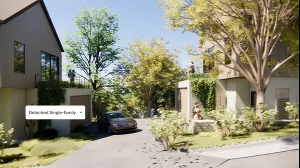 a view of a yard with plants and trees