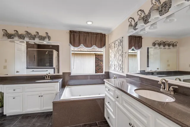 a bathroom with double vanity sinks a mirror and a bathtub
