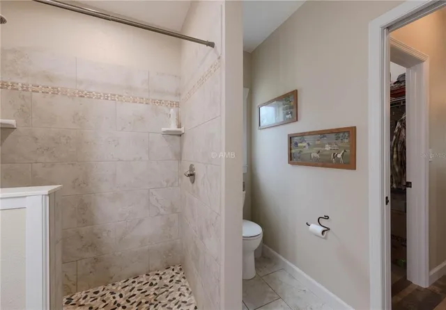 a bathroom with a shower and a toilet