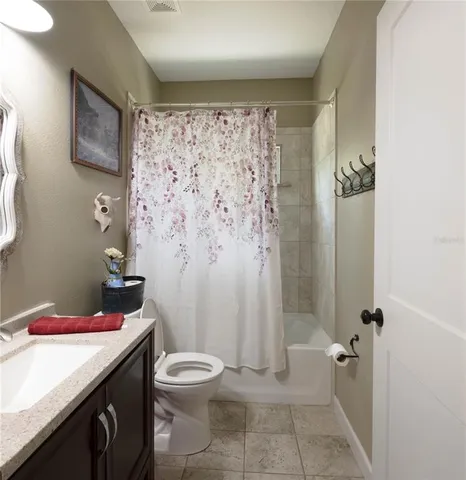 a bathroom with a sink a toilet and shower curtain