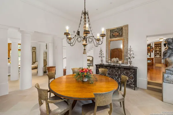 a view of a dining room with furniture