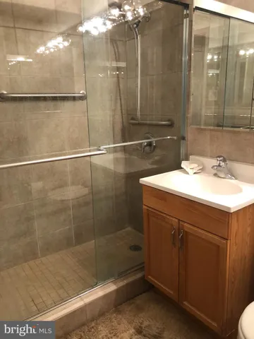 a bathroom with a sink mirror and shower