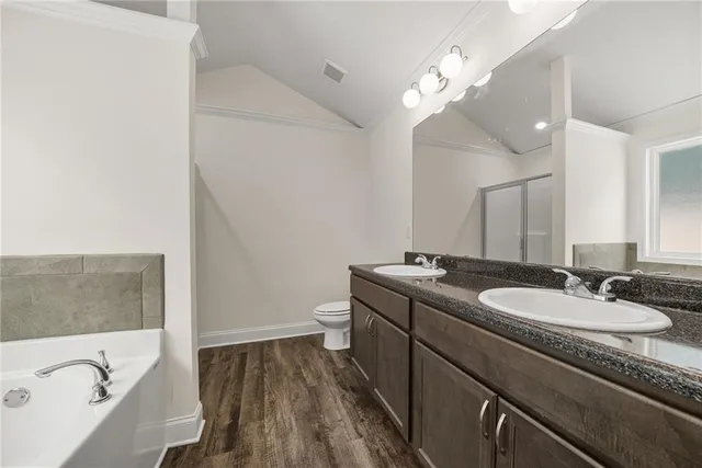 a bathroom with a granite countertop sink a toilet and bathtub