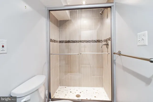a bathroom with a shower and a toilet