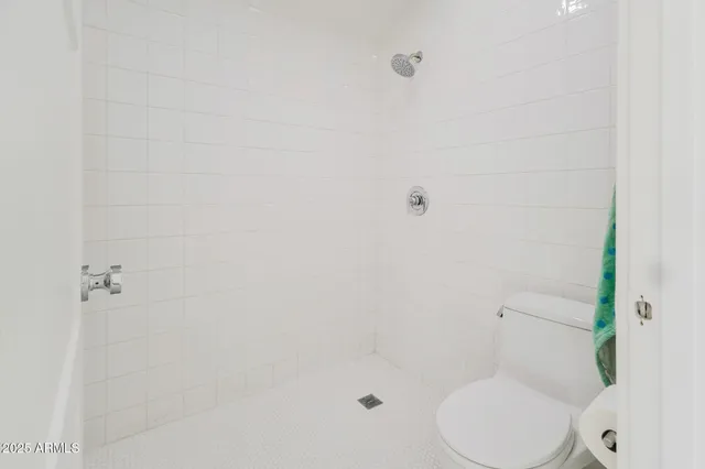 a white toilet sitting next to a shower
