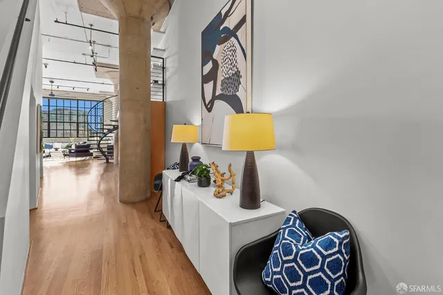 a living room with a rug