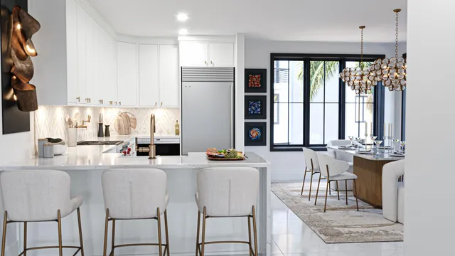 a dining room with furniture a large window and a chandelier