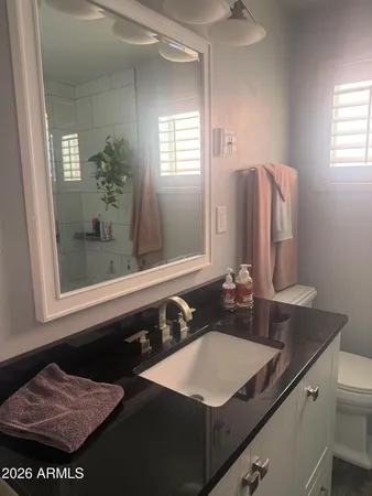 a bathroom with a granite countertop sink toilet and shower