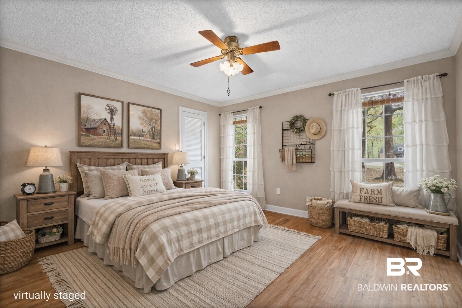 10140 Lakeview Road Bay Minette, AL 36507 - Photo 17 of 35 Bedroom featuring crown molding, wood finished floors, a textured ceiling, and ceiling fan