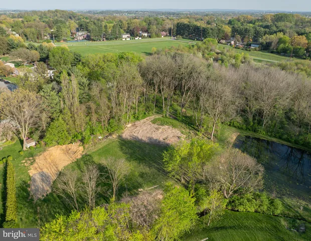 an aerial view of green landscape with trees all around