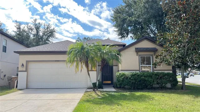 a view of a house with a yard plants and palm trees