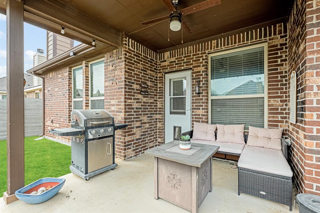 916 Falcon Road Argyle, TX 76226 - Photo 5 of 37 View of patio / terrace with an outdoor hangout area, grilling area, and ceiling fan