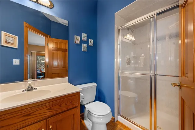 a bathroom with a sink a toilet a mirror and shower