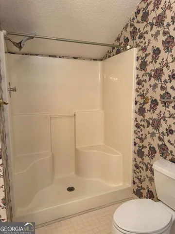 a bathroom with a shower and a toilet