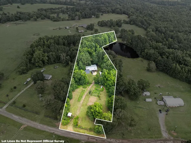 an aerial view of a residential houses with outdoor space and lake view