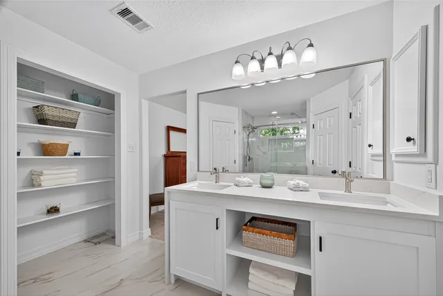 a bathroom with a sink a mirror and a shower