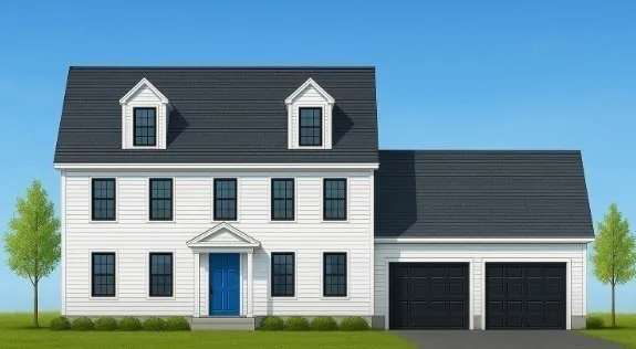 a front view of a house with yard and garage