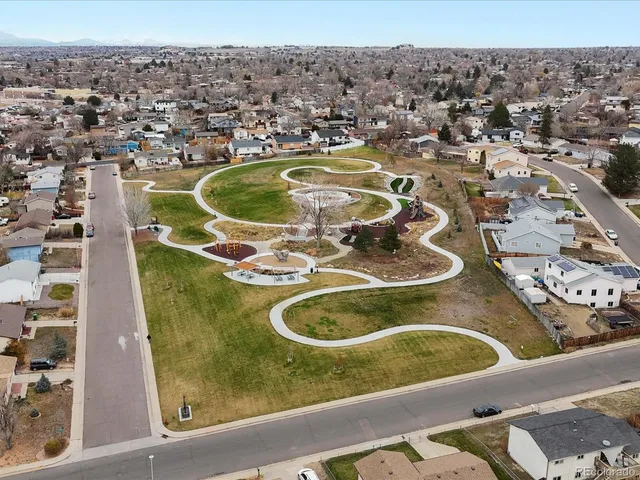 an aerial view of a swimming pool