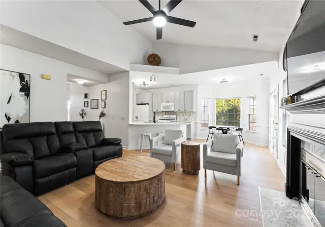 a living room with furniture and a fireplace