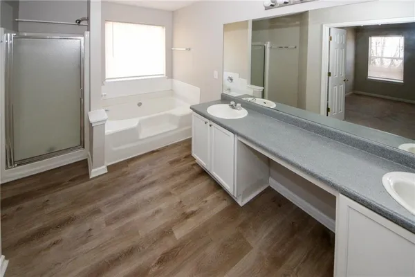 a bathroom with a tub sink and mirror