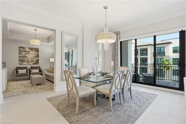 a view of a dining room with furniture wooden floor and chandelier
