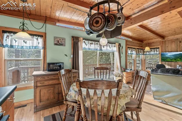 a view of a dining room with furniture window and outside view