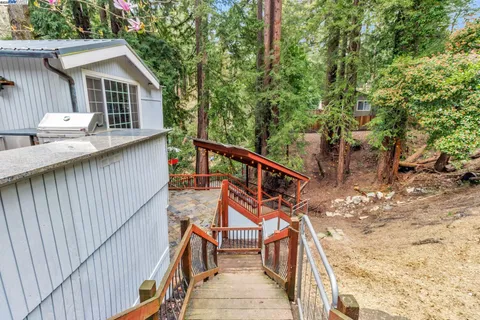 a view of house with backyard and trees