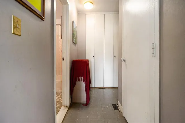 a view of balcony with wooden floor