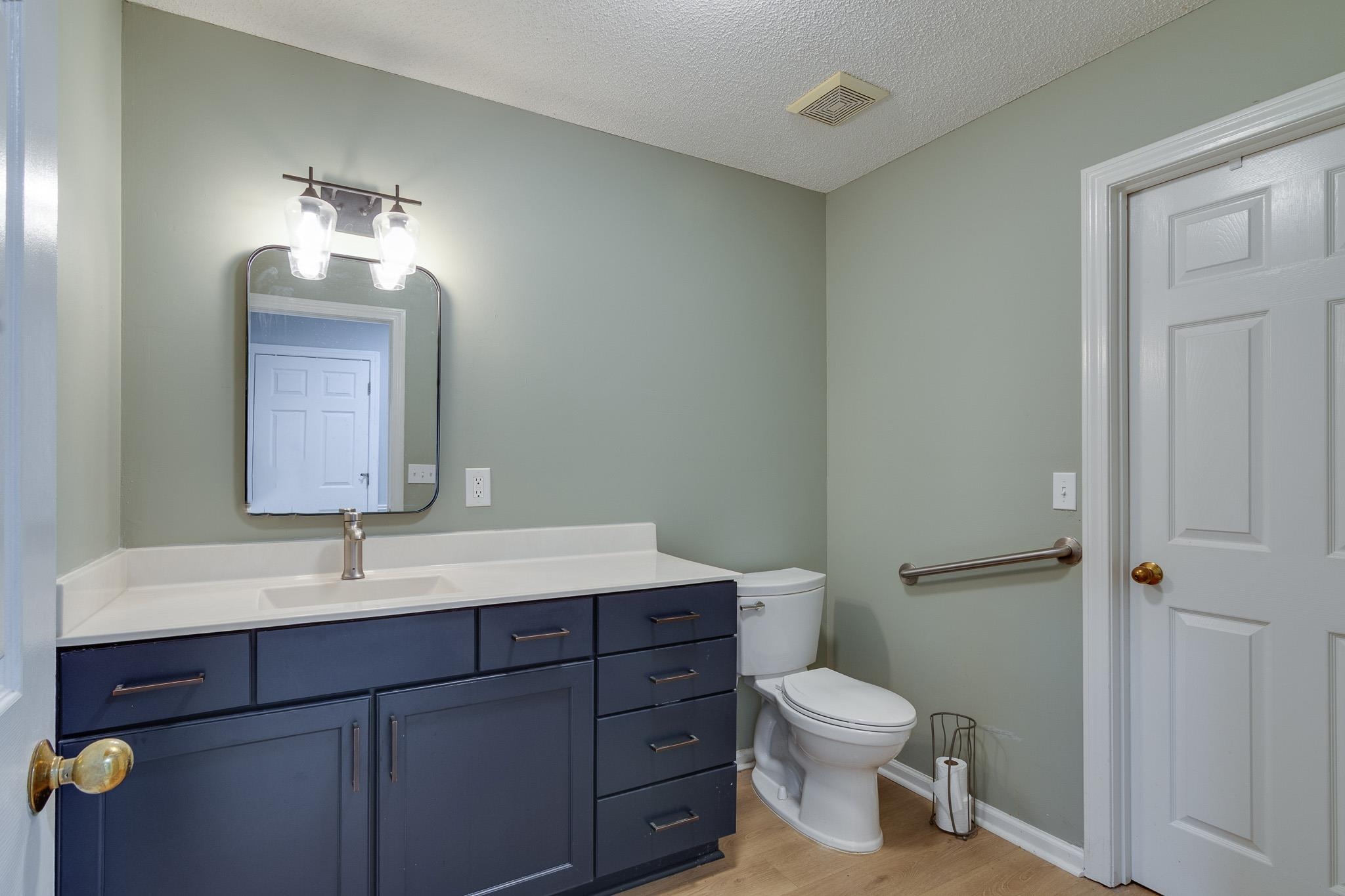 462 Woodbridge Road Somerville, TN 38068 - Photo 24 of 30 Half bath with wood finished floors, vanity, and a textured ceiling