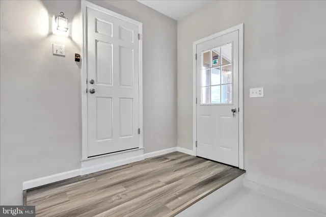 a view of a backyard with large trees