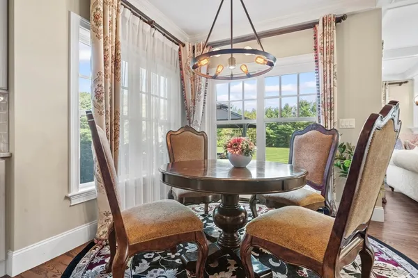 a view of a dining room with furniture window and wooden floor