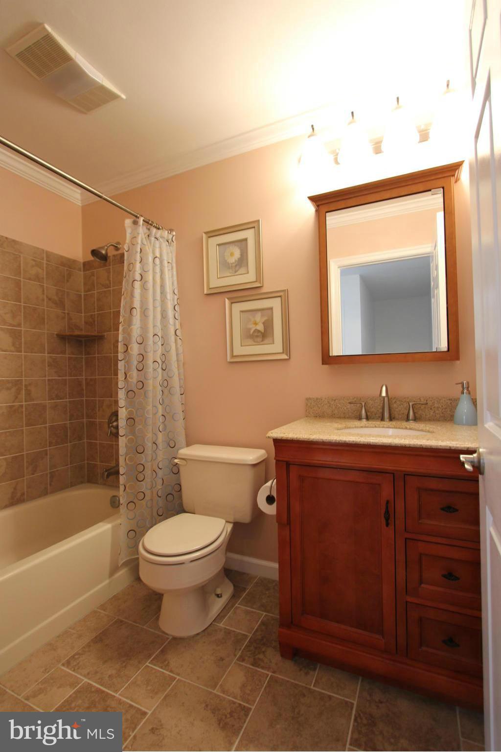9338 Ramblebrook Road Baltimore, MD 21236 - Photo 17 of 25 a bathroom with a granite countertop sink a toilet and a bathtub