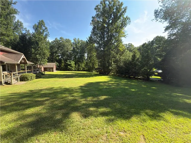 a view of a swimming pool with a yard and large trees