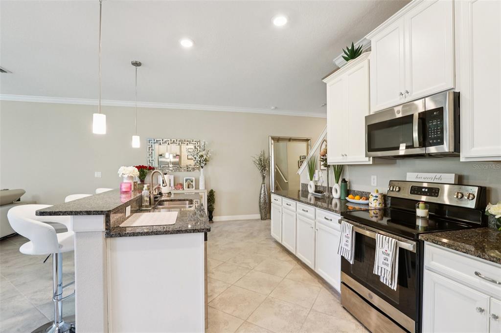 1306 White Fox Run Lutz, FL 33549 - Photo 11 of 35 a kitchen with stainless steel appliances kitchen island granite countertop a sink dishwasher a stove top oven a refrigerator with island and chairs