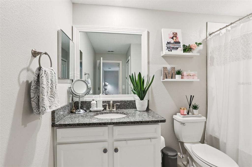 1306 White Fox Run Lutz, FL 33549 - Photo 25 of 35 a bathroom with a granite countertop sink a toilet and a mirror