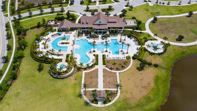an aerial view of a swimming pool