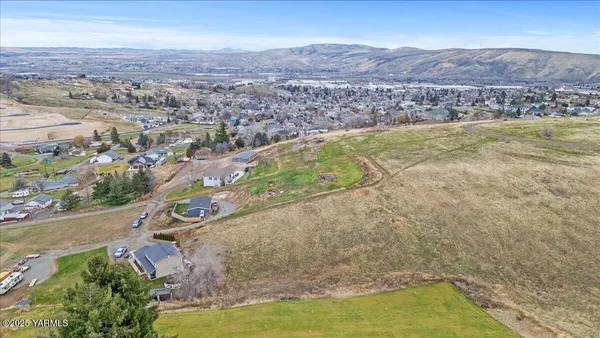 an aerial view of residential houses with outdoor space and river