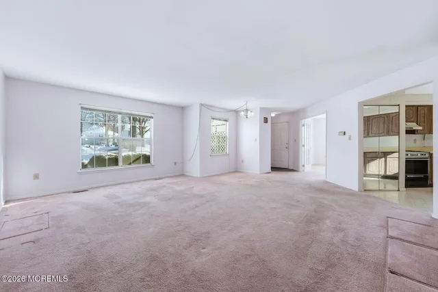 a view of a big room with windows and closet