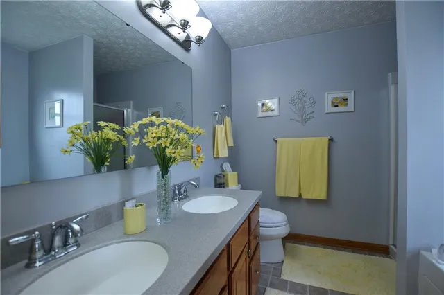 a bathroom with a granite countertop sink a toilet and a mirror