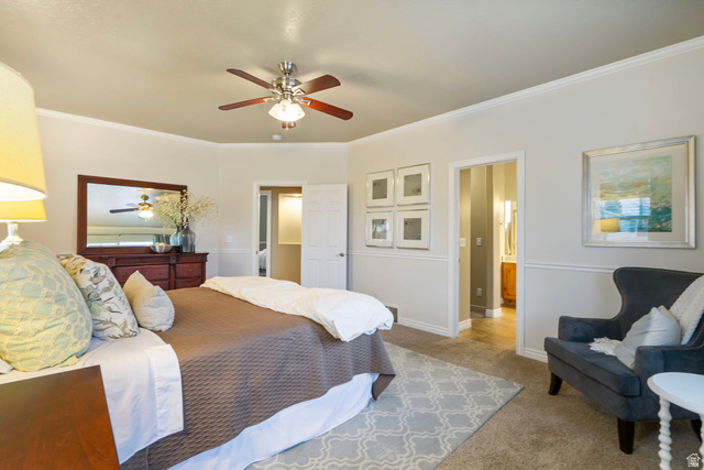 557 South 1470th Street East Springville, UT 84663 - Photo 14 of 46 Carpeted primary bedroom with a ceiling fan and ornamental molding