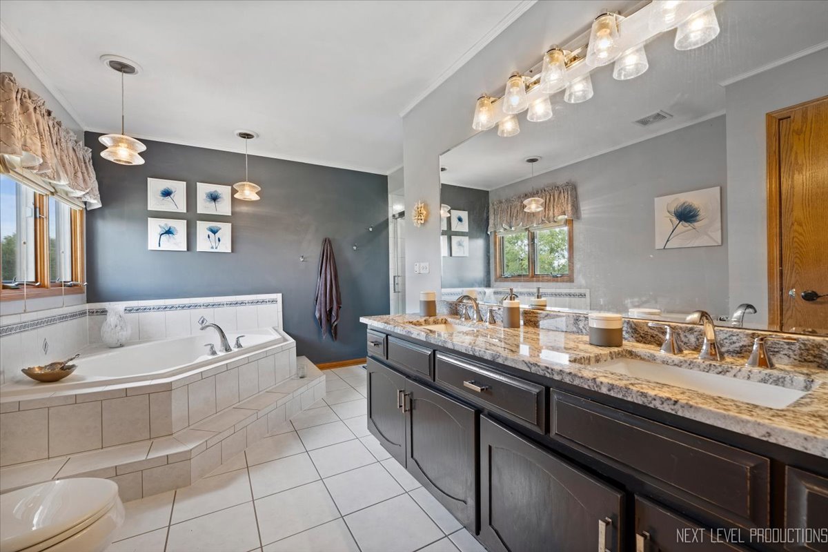 1285 O'Connell Circle New Lenox, IL 60451 - Photo 21 of 42 a bathroom with a granite countertop sink a large mirror and a bathtub with shower