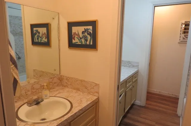 a bathroom with a granite countertop sink and a mirror