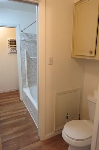a bathroom with a toilet and a shower