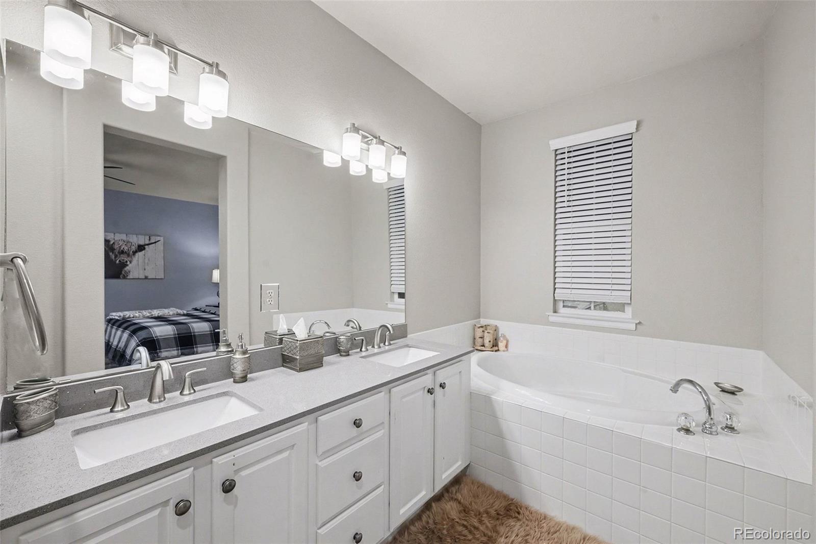 10546 Graymont Lane, Unit D Highlands Ranch, CO 80126 - Photo 17 of 21 a bathroom with a tub a double vanity sink and mirror