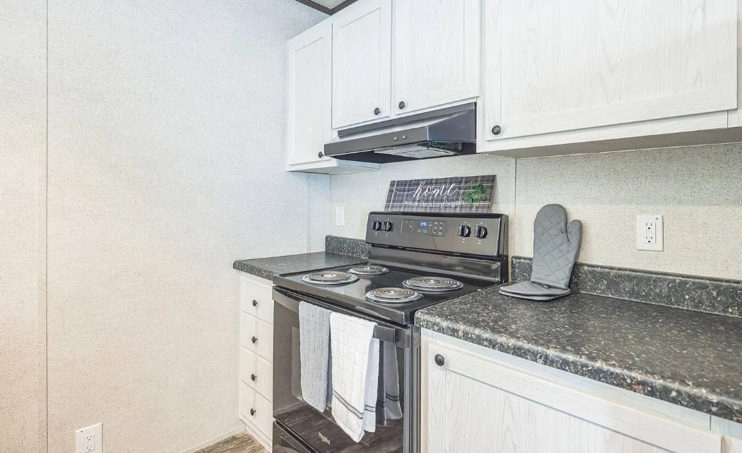 600 Ermine Road West Columbia, SC 29170 - Photo 8 of 20 Kitchen featuring black / electric stove, dark countertops, under cabinet range hood, and white cabinetry