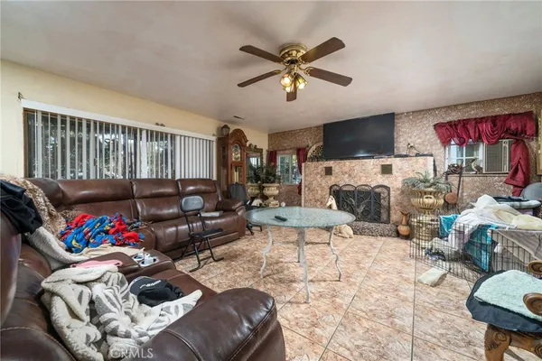 a living room with furniture ceiling fan and a fireplace