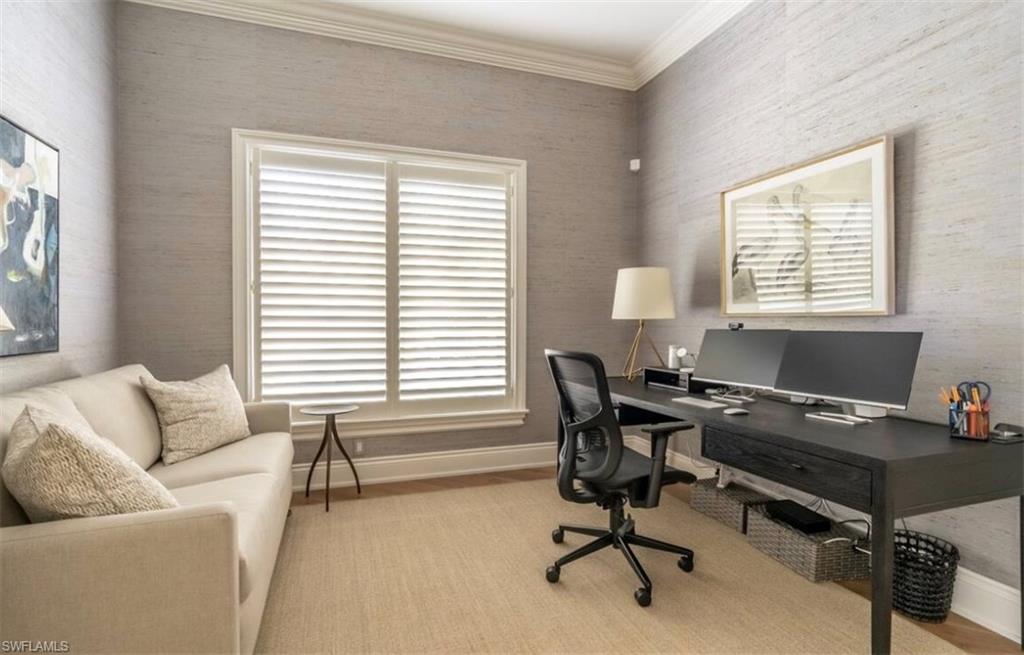 428 Rudder Road Naples, FL 34102 - Photo 26 of 47 Home office featuring ornamental molding, wallpapered walls, and light wood-style floors