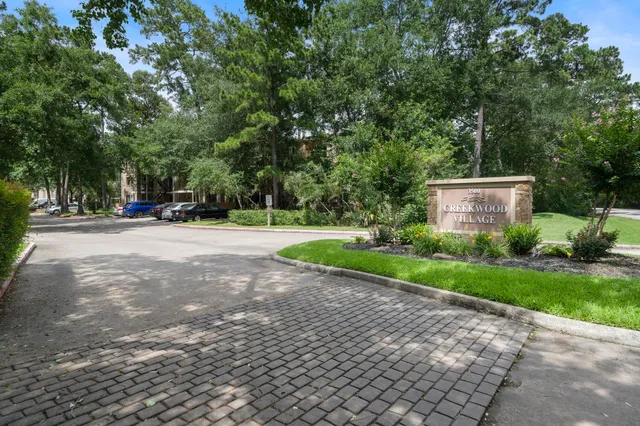 a backyard of a house with plants and large trees