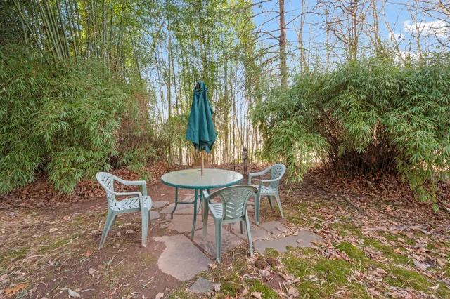 a view of a backyard with table and chairs