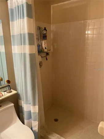 a bathroom with a shower and a toilet